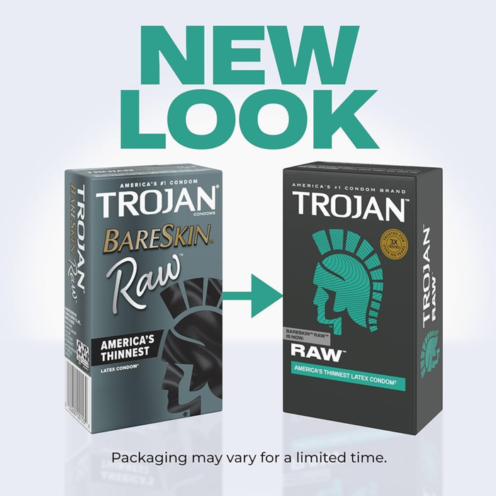 A promotional graphic titled "NEW LOOK" in bold teal letters, illustrating a packaging update. On the left is the previous grey box branded as "Trojan BareSkin Raw" with a black-and-grey textured helmet graphic. An arrow points to the right, showcasing the updated matte black box with the simplified "RAW" branding and the solid teal helmet logo. A disclaimer at the bottom reads, "Packaging may vary for a limited time."