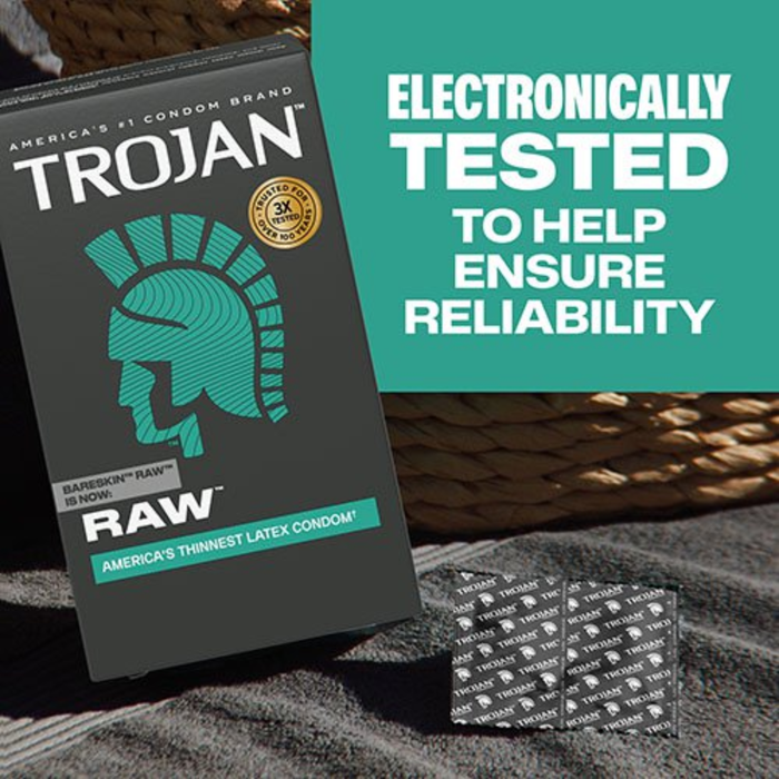 A promotional image with the text "ELECTRONICALLY TESTED TO HELP ENSURE RELIABILITY" in bold white letters over a teal backdrop. On the left, a box of Trojan Raw condoms leans against a woven basket. Below it, on a dark grey textured towel, sit two individually wrapped condom foils in black with repeating white Trojan helmet patterns.