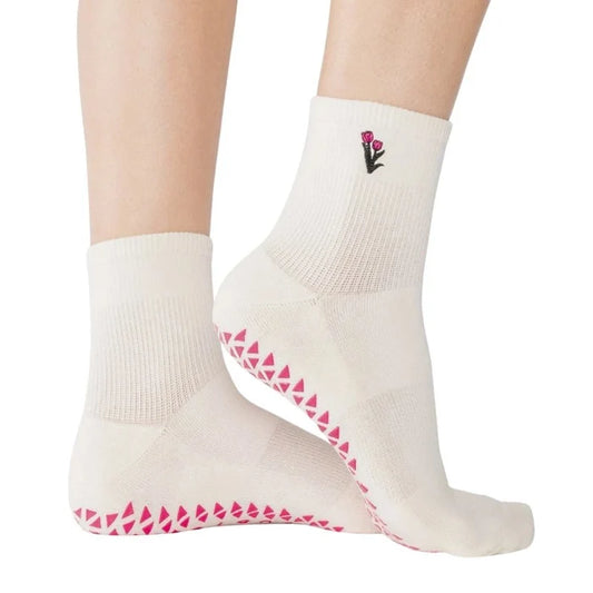 Tulips Ankle Grip Socks for Pilates & Yoga - White