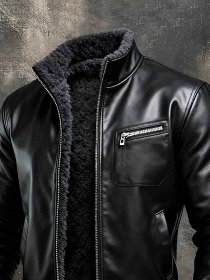 Vanhouten™ | Warm Black Faux Leather Jacket with Sherpa Lining