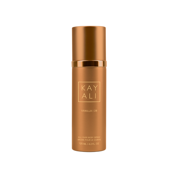 Bronze-colored bottle of KAYALI Vanilla 28 body spray on a white background