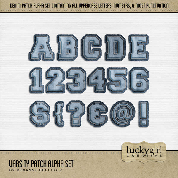 Add these fun, denim blue varsity school letters, numbers, and punctuation by Lucky Girl Creative digital art to all your digital scrapbooking pages and mix-and-match them on various projects throughout the year! Great for school, sports, children, tween and teens! The blue jean alpha set consists of a full set of digital art uppercase alphabet letters A-Z, numbers 0-9, and most punctuation marks. This alpha set is available as individual embellishments only. This kit is NOT included in any bundle.