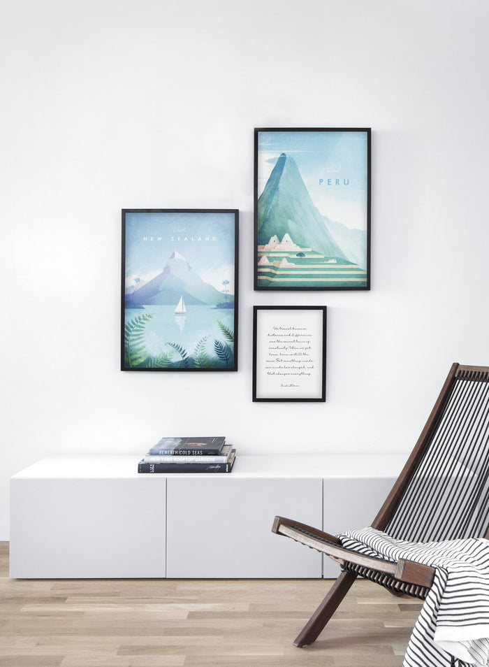 Modern minimalist travel poster by Opposite Wall with poster trio including illustration of New Zealand - Living Room