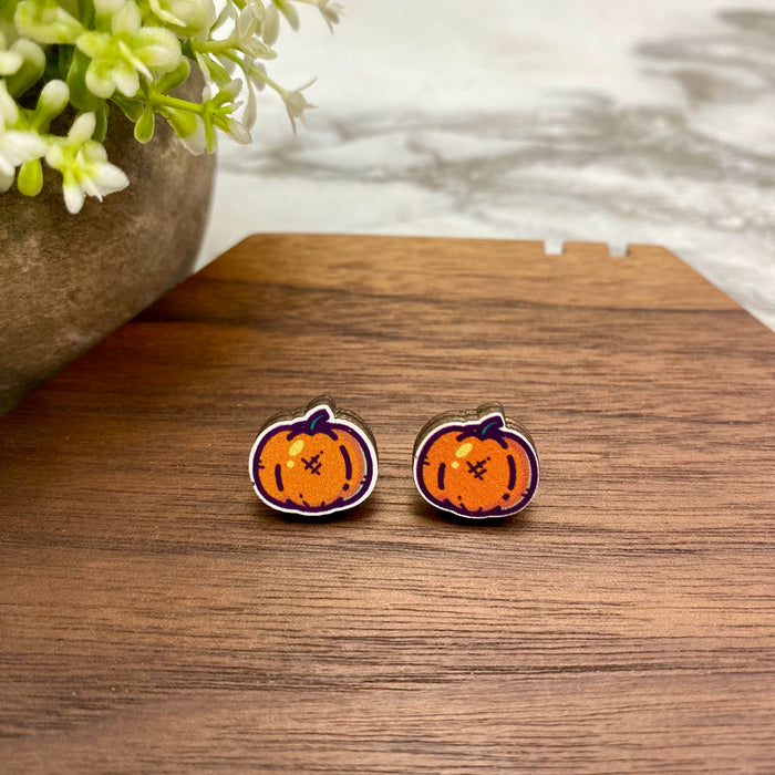 Wooden Stud Earrings - Halloween - Cartoon Pumpkin